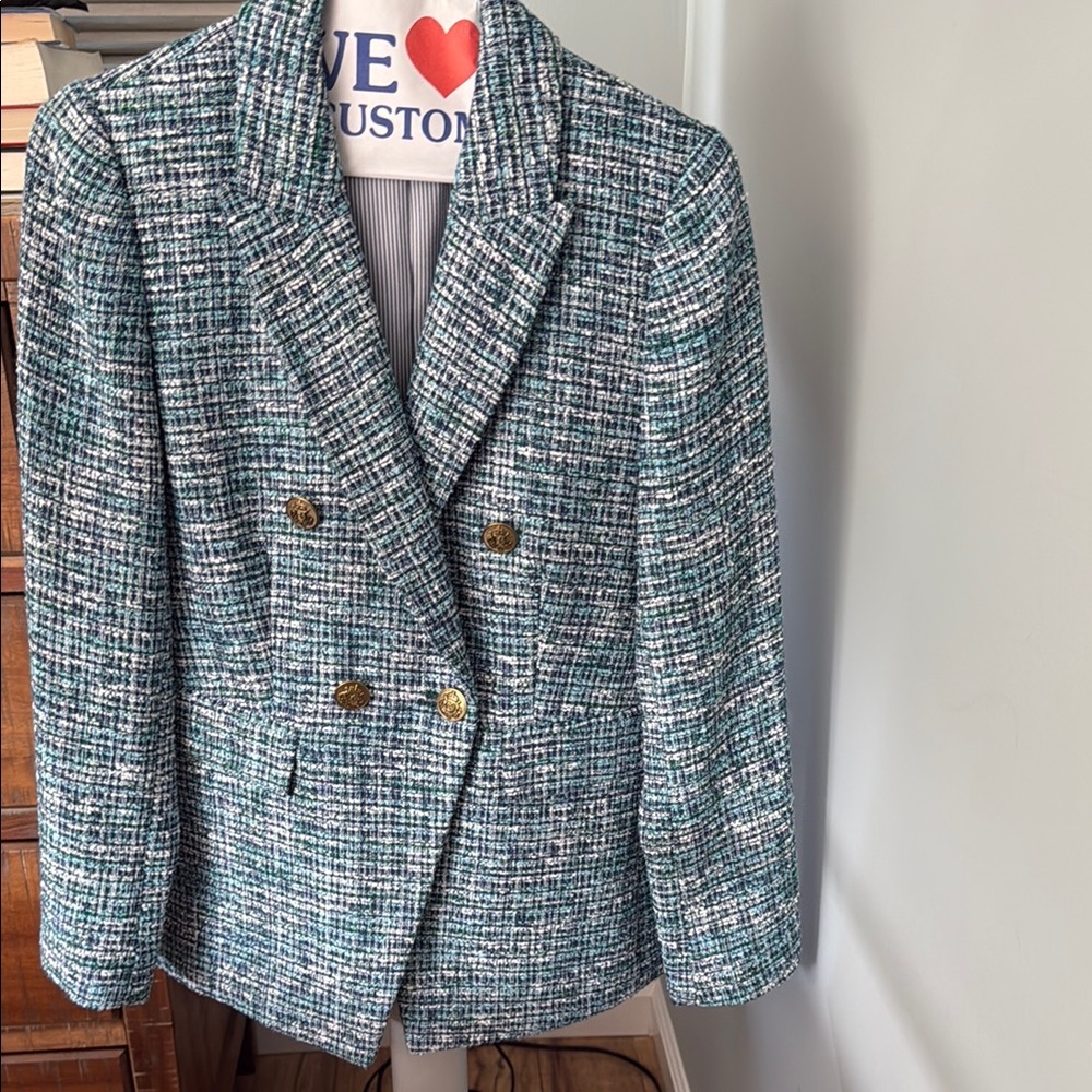 LOFT Blue and White Tweed Blazer with Gold Buttons